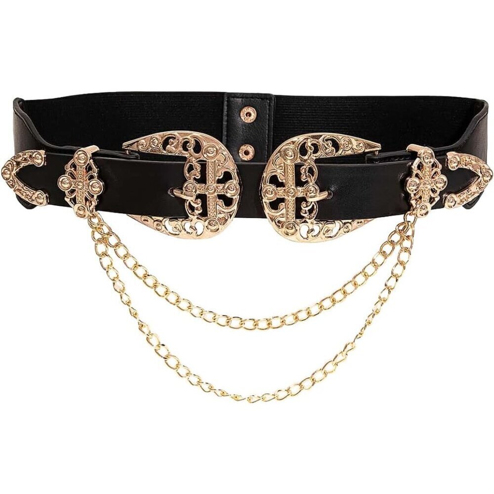 Women's Leather Belts Double Buckle Chain Western Style Waist Belt